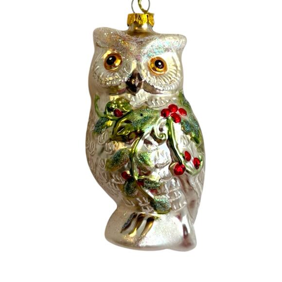 Hand Blown Christmas Owl White Gold Red Glass Ornament Holly Berry EUC - Picture 1 of 8